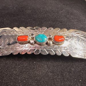 Pasador para el cabello de plata esterlina con sello navajo, turquesa y coral rojo MARCADO
