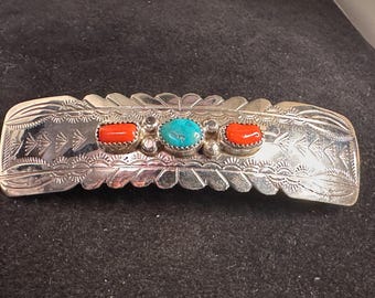 Vintage Southwestern Turquoise Coral Sterling Silver Barrette navajo-turquoise-coral-stamped  main image 3
