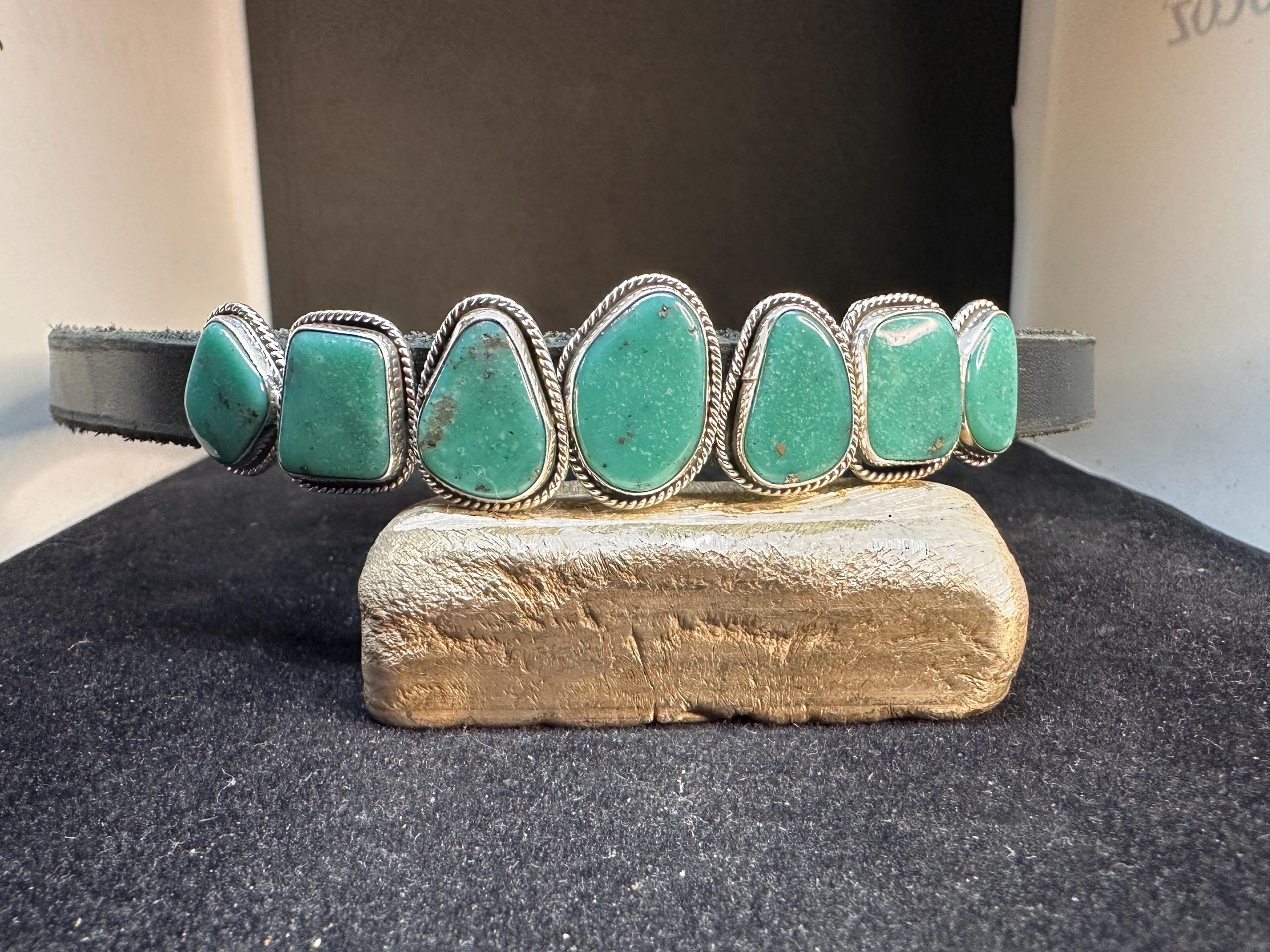 Black Leather with Navajo Sterling Silver and Kingman Turquoise Concho Hat Band ADJUSTABLE