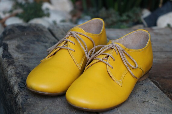 Oxford Women Shoes Yellow Leather Dress Shoes Flat Shoes