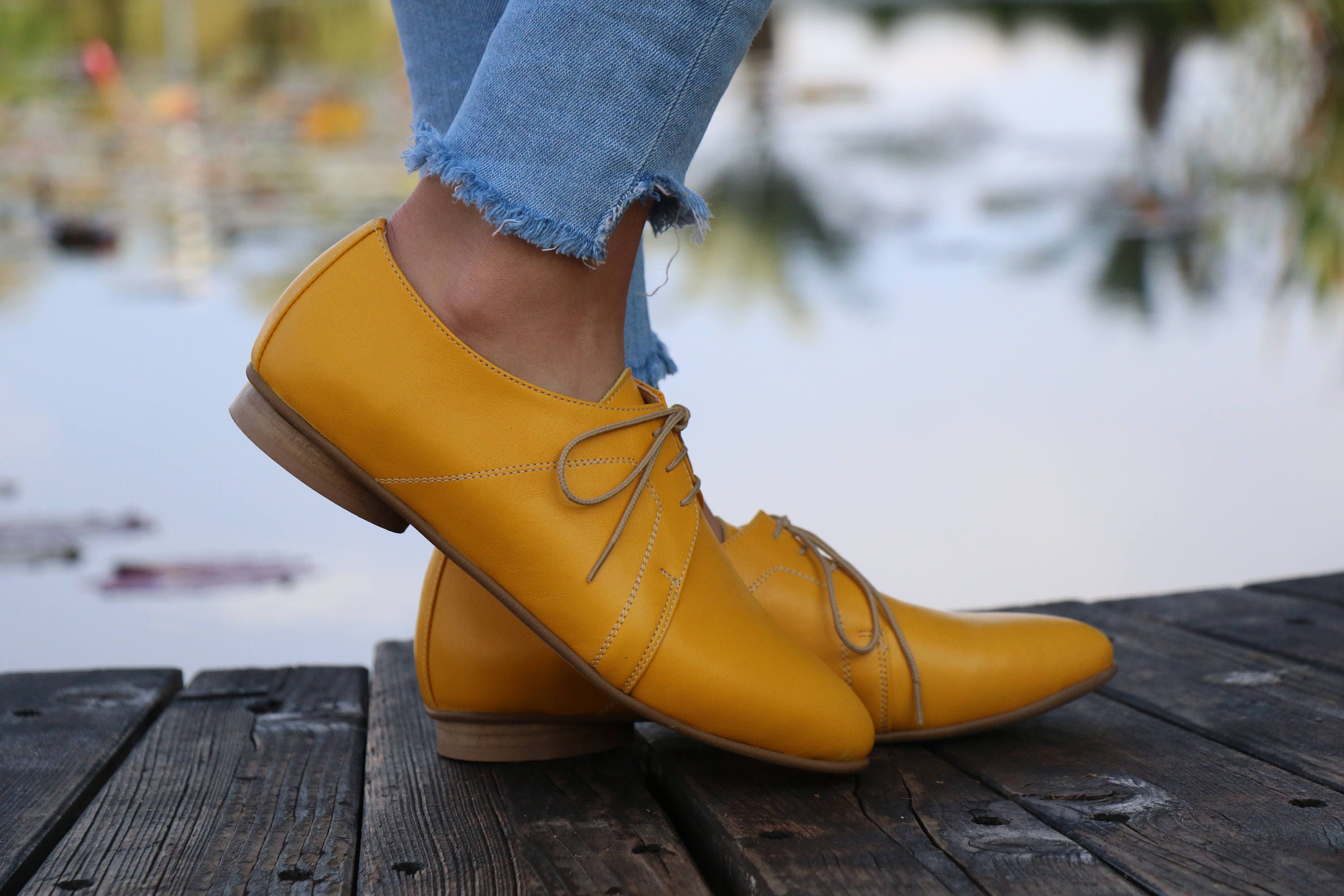 Women Shoes Oxford Yellow Leather Dress Shoes Flat Shoes Etsy