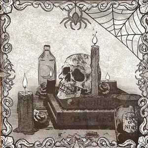 May include: A black and white illustration of a skull, a bottle, and three candles on a table with a spider web in the background. The bottle has a crescent moon on it. The skull has a large eye socket. The candles are lit. The table is made of wood. The spider web is in the upper right corner of the image. The text "Eye of New" is on a jar in the lower right corner of the image.