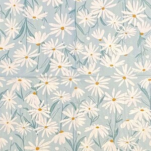 May include: A blue and white floral pattern with white daisies on a light blue background.