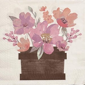 May include: A watercolor painting of a bouquet of pink and orange flowers in a brown wooden planter. The flowers are arranged in a loose, natural style, and the planter is simple and rustic.