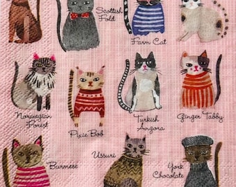 TWO (2) - Cartoon Cats Decoupage Cocktail Napkins - 3 ply