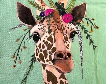 TWO (2) - Giraffe With Flower Crown Decoupage Luncheon Napkins - 3 ply