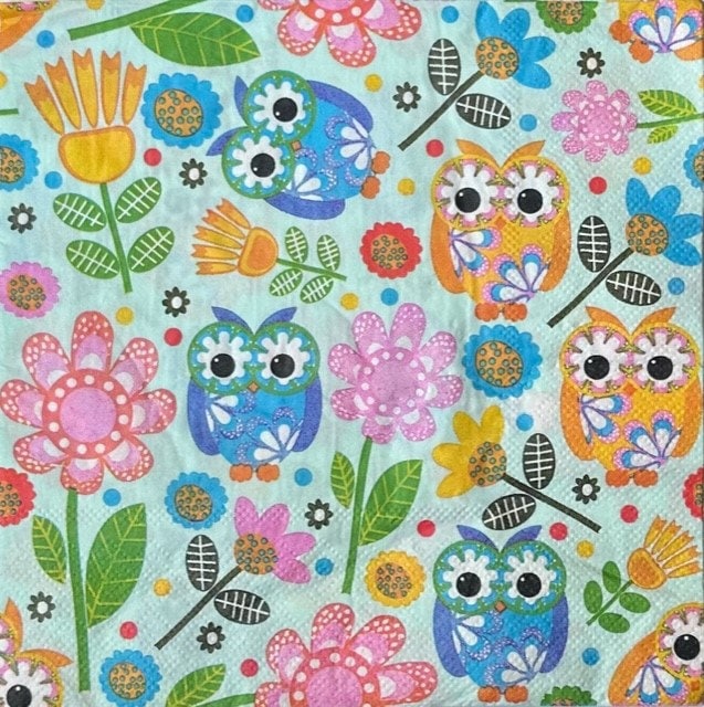 TWO (2) - Multi-color Owls Luncheon Napkins - 2 ply