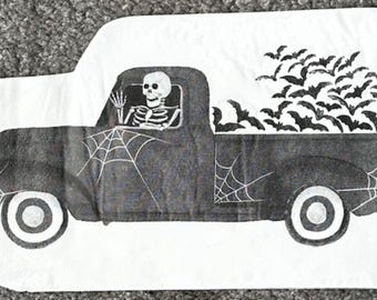 TWO (2) - Skeleton in Vintage Truck Decoupage Guest Napkins - 2 Ply