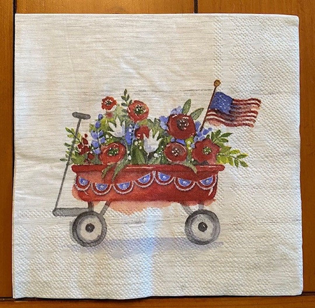 Two 2 Red TWO (2) - Red Wagon With American Flag Decoupage Luncheon Napkin - 3 ...