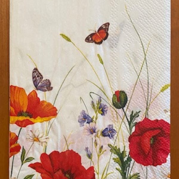 Decoupage Guest Napkin - Poppies and Butterfly - 3 ply