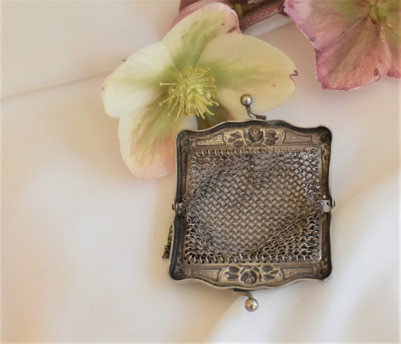 coin purse French vintage chatelaine purse silver chain mail