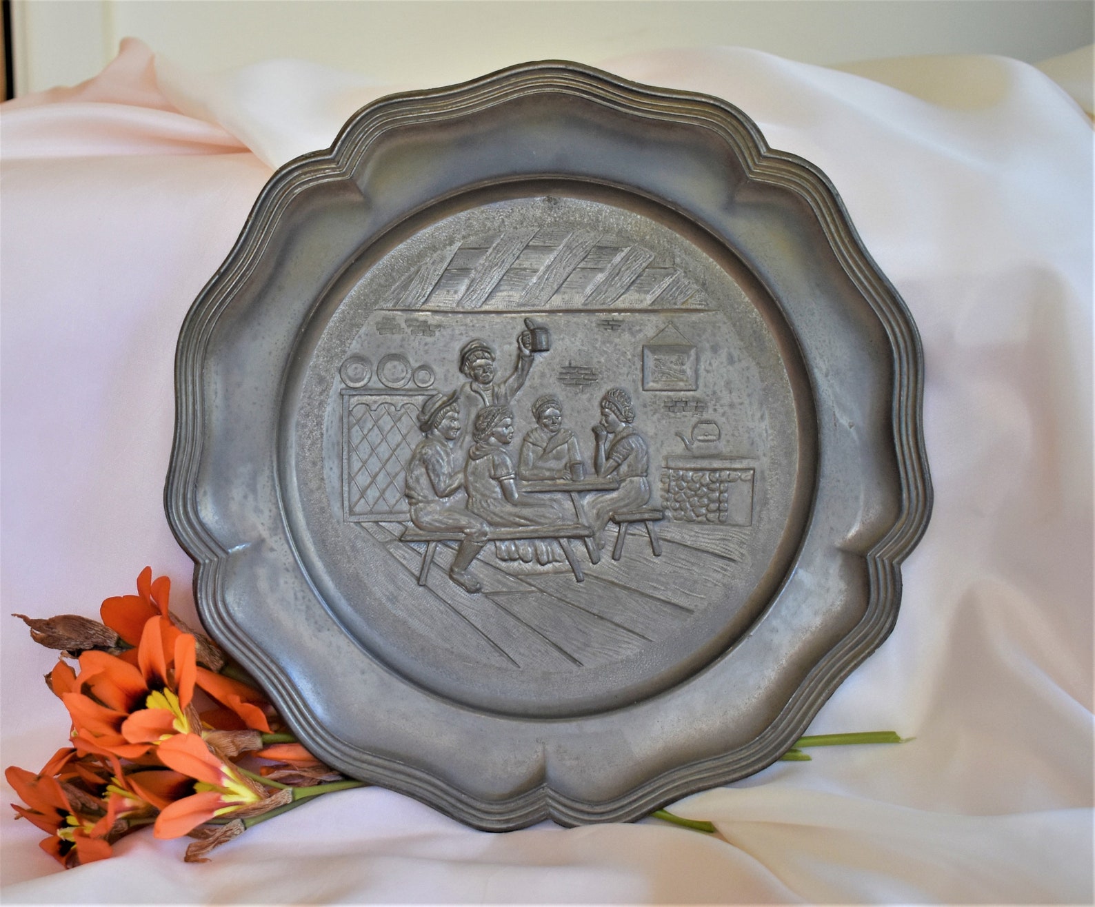 Vintage German pewter plate with beer hall scene Etsy