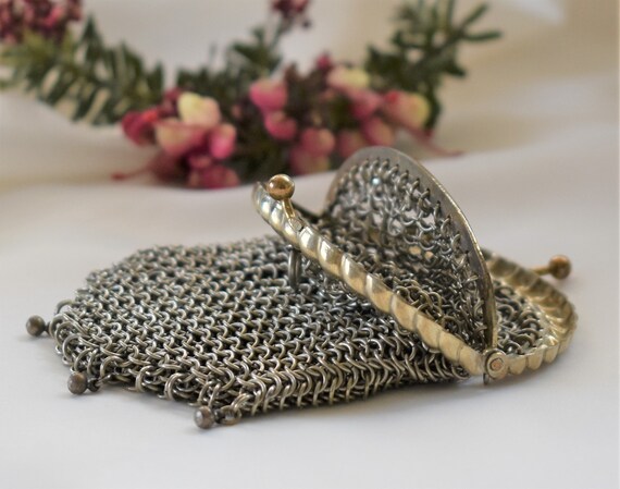 Antique French chainmail Chatelaine purse with two