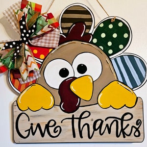 Thanksgiving Door Hanger For Front Door, Turkey Decoration, Give Thanks Porch Sign, Fall Home Decor, Thanksgiving Wreath, Hostess Gift Idea