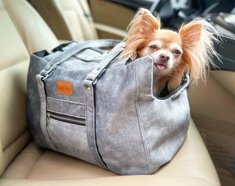 Dog carrying bag with pillow, Dog travel bag for walks, car, train, plane, grey pet carrier for puppies, small dogs. Dog transport bag