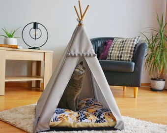 Cat and dog teepee with leaves pattern pillow and soft blanket, stabilizer. Waterproof cat tent, durable and easy to clean dog igloo,dog bed