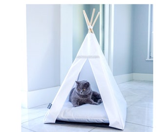 White and black glamour cat tent with fleece blanket and stabilizer. Cat cave, dog bed.