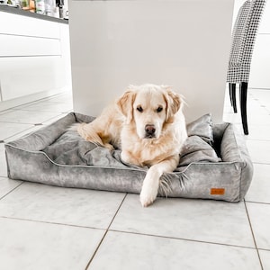 Grey, velour sofa for dogs and cats. Luxury, soft pet friendly material. Waterproof bed for dogs with removable covers. Cat glamour nest.