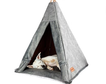 Pet tent with curtain. Grey dog tent for puppies and cats. Durable and soft in touch fabric, easy to clean dog bed. Cat den, dog house.