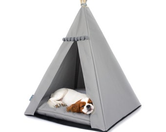 Grey pet teepee with blanket and stabiliser for active dogs and cats Tent for dogs Waterproof, non-slip dog bed Indoor and outdoor dog house