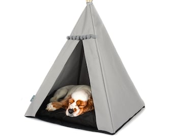 Dog teepee, grey tent with black waterproof pillow for cats and dogs. Dog waterproof house with soft blanket and stabilizer. Cat cave.