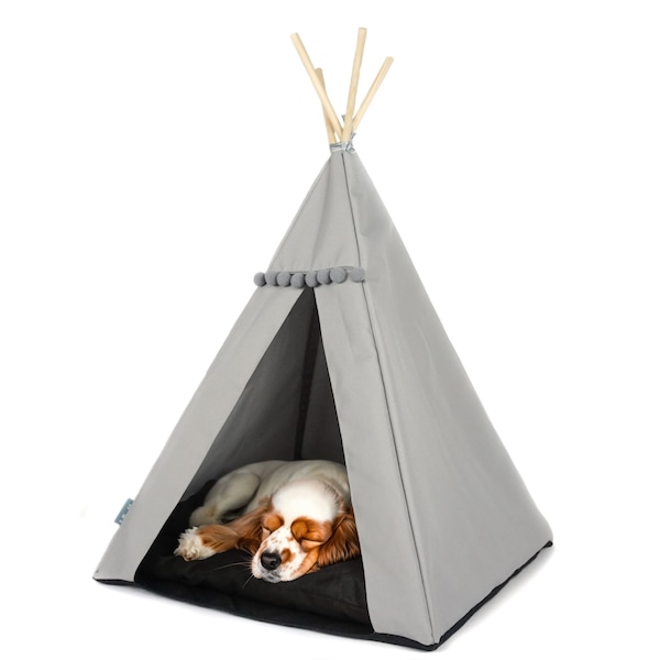 Dog teepee, grey tent with black waterproof pillow for cats and dogs. Dog waterproof house with soft blanket and stabilizer. Cat cave.