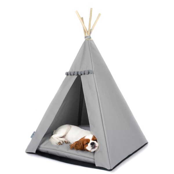 Grey pet teepee with blanket and stabiliser for active dogs and cats Tent for dogs Waterproof, non-slip dog bed Indoor and outdoor dog house