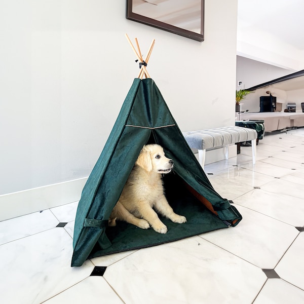 Velour tent for pets, bottle green velvet teepee for dogs and cats with curtain. Dog house, soft material, easy to clean dog bed. Cat cave