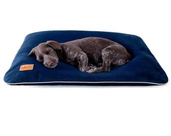Navy blue dog pillow, soft in touch pet bed. Pet friendly fabric cushion for dogs and cats. Bite, scratch resistant cat mat