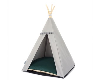 Bottle green cat teepee with pillow, soft blanket and stabilizer. Dog bed, Dog tent, Cat pompom teepee, cat nest. Dog cave.