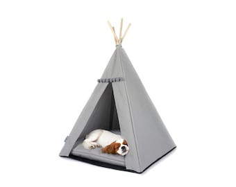 Pet teepee with blanket and stabiliser for active dogs and cats. Grey tent for dogs. Waterproof,  tipi dog bed indoor and outdoor dog house