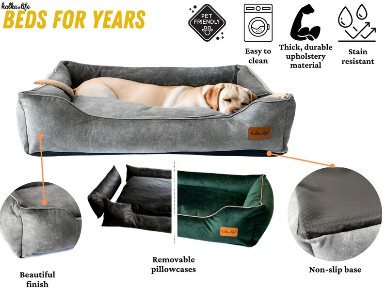 K&ouml;nnte beinhalten: Ein graues Hundebett mit einem schlafenden Hund. Das Bett hat eine rechteckige Form mit erh&ouml;hten Seiten und einem weichen Aussehen. Merkmale sind eine rutschfeste Basis, abnehmbare Kissenbez&uuml;ge und schmutzabweisendes Material.