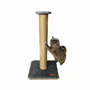 Cat scratcher, cat scratching post. Grey cat tree, bottle green cat tree. One pole cat scratcher with shelf. image 4