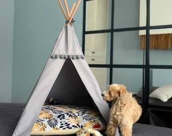 Cat and dog teepee with leaves pattern pillow and soft blanket, stabilizer. Waterproof cat tent, durable and easy to clean dog igloo,dog bed
