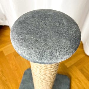 Cat scratcher, cat scratching post. Grey cat tree, bottle green cat tree. One pole cat scratcher with shelf. image 8