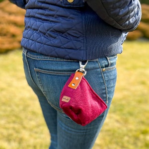 Cherry treat bag for dog owners closed with a magnet. Easy to clean training bag with an inner, red sac. Strong, pet friendly fabric.