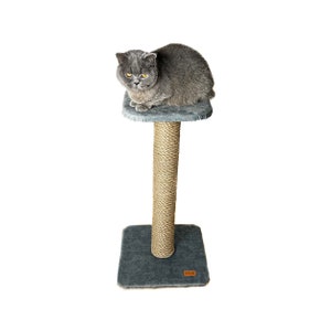 Cat scratcher, cat scratching post. Grey cat tree, bottle green cat tree. One pole cat scratcher with shelf. image 2