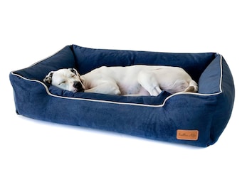 Navy blue sofa for dogs and cats. Soft pet friendly material. Waterproof bed with raised edges for dogs with removable covers. Cat nest.