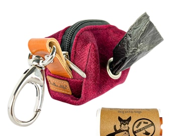 Velvet Dog Poop Bag Dispenser: Cherry Red with Leather Accent