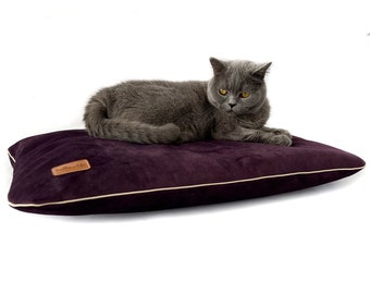 Pet purple pillow made of pet friendly fabric. Bed for dogs and cats. Velour, soft cat bed. Pillow for a dog.