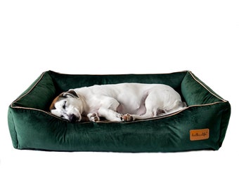 Canapé vert bouteille pour chien et lit confortable pour chat. Matériau luxueux et doux adapté aux animaux de compagnie. Lit imperméable pour chiens avec housses amovibles Canapé glamour chat