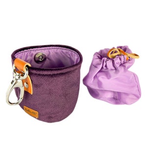 Purple treat bag for dog owners closed with a magnet. Easy to clean training bag with an inner, detachable sac. Strong, pet friendly fabric.