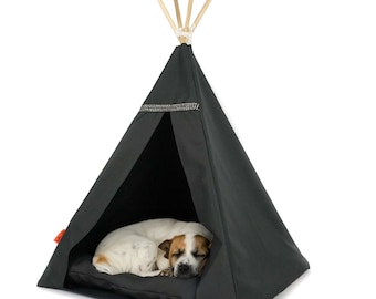 Black and white glamour dog and cat teepee with soft blanket, stabilizer. Cat tent, puppy bed including pillow, dog bed, cat house, cat nest