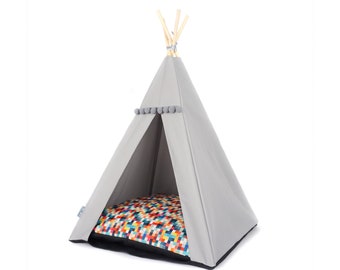 Dog and cat teepee with pixels pattern pillow. Tents for dogs and cats with soft blanket and stabilizer. House for pets. Pet tent.