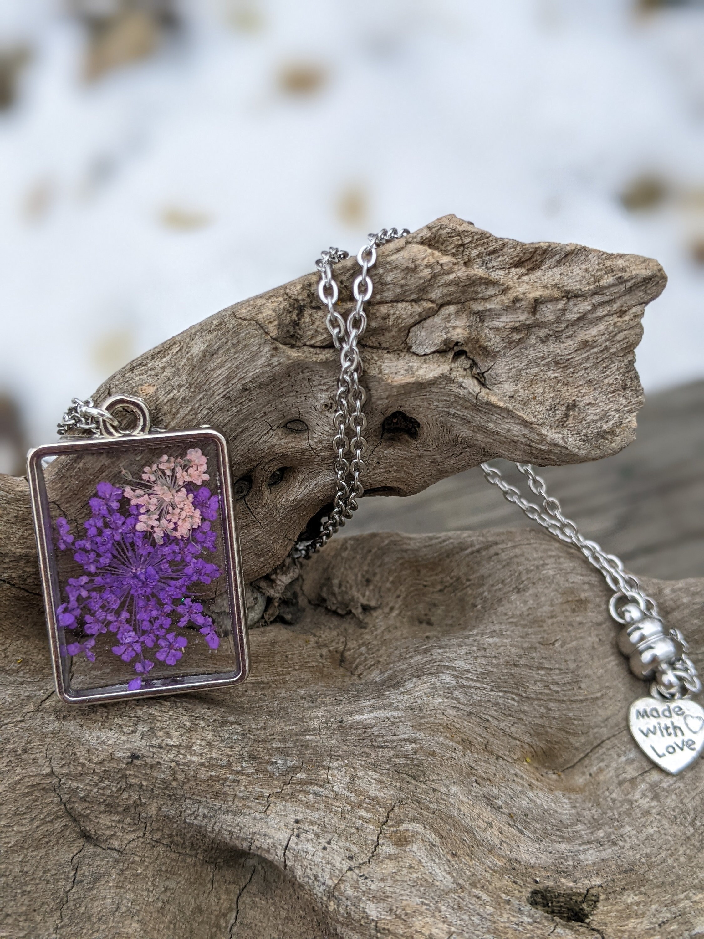 Real Pressed Flowers in Resin Necklace, Bronze Hexagon in Pink and Pur –  ann + joy