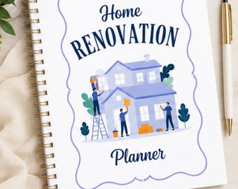 May include: A spiral-bound home renovation planner with a white cover featuring the text Home RENOVATION Planner in dark blue. The cover displays a graphic of a two-story house being renovated by three figures, with a gold pen resting beside it.