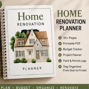 May include: A spiral-bound Home Renovation Planner with a white cover featuring a watercolour illustration of a house. The text reads Home Renovation Planner, 30+ Pages, Printable PDF, Budget Tracker, Project Planner, Paint & Permit Logs, and Plan, Budget, Organize, Renovate.