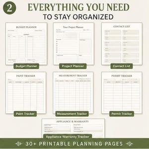 May include: A set of printable planning pages featuring the text Everything You Need To Stay Organised. The collection includes a Budget Planner, Project Planner, Contact List, Paint Tracker, Measurement Tracker, Permit Tracker, and Appliance Warranty Tracker.