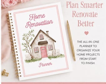 May include: A spiral-bound home renovation planner with a white cover featuring a watercolour illustration of a house with a pink door, green foliage, and a white fence. The text reads Home Renovation Planner, Plan Smarter Renovate Better, and The all-in-one planner to organise your home projects from start to finish.
