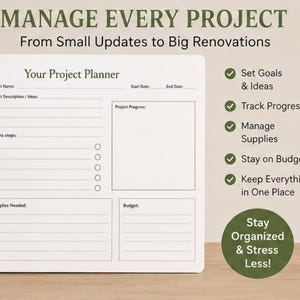 May include: A white project planner board with black text reading Your Project Planner, Project Name, Start Date, End Date, Project Description, Actions steps, Supplies Needed, and Budget. The board includes checkboxes and lined sections.